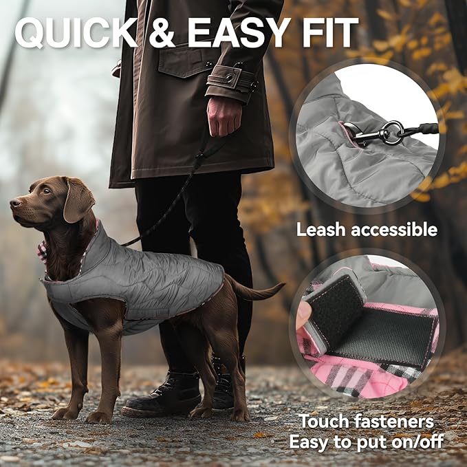 VIVAGLORY Softjoy Dog Coat, Dog Jacket for Winter & Christmas, Coat with Harness Hole, Reversible Plaid Checkered Warm Fluffy Heavy Duty for Puppy, XXS, Pink