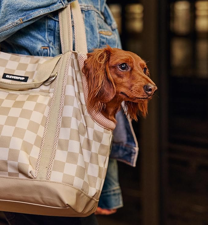 Cleverpup Transit Tote Dog Carrier for Small Dogs up to 8 lbs, 16x11x8 Soft-Sided 4-Pc Set with Waterproof Base, Plush Insert, Food Pouch, Mesh Head Opening - Small, Checkerboard