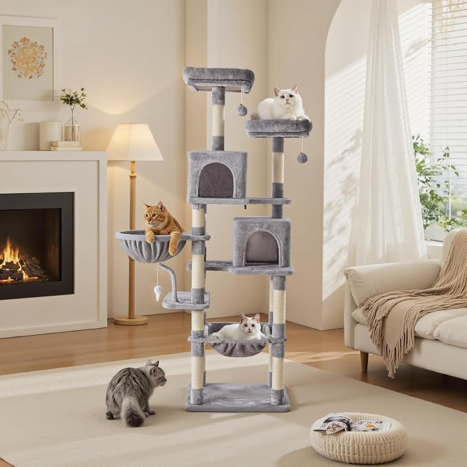 Large Cat Tree 71 Inch, Multi-Level Tall Cat Tree Tower with Condo, Perches, Sisal Scratching Posts and Hammock, Pet Play House with Dangling Balls for Indoor Cats, Light Grey