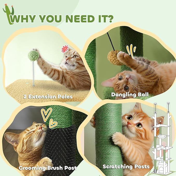 PawHut Floor to Ceiling Cat Tree, 89"-100" Adjustable Height Cactus Cat Climbing Tower for Indoor Cats with Grooming Brush Post, Cat Condo, Hammock, Sisal Scratching Posts, Green