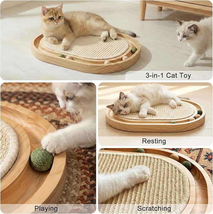 Sisal Cat Scratcher Toy with Ball Track, Natural Scratching Pad, Wooden Cat Toy with Non-Slip Base for Indoor Cats, Suitable for Kittens and Medium Cats