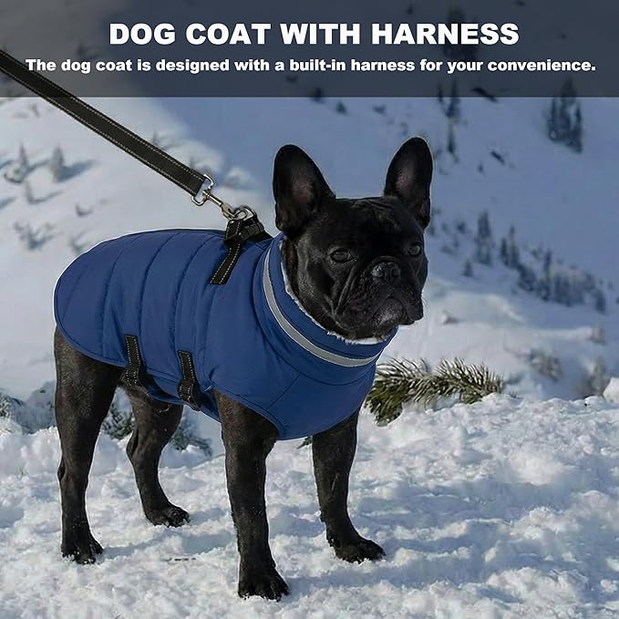 Mklhgty Large Dog Coat with Harness Built-in, Waterproof Reflective Fleece Lined - Warm Windproof Winter Jacket with Back Zipper, Cold Weather Snow Dog Coats - Blue - XL