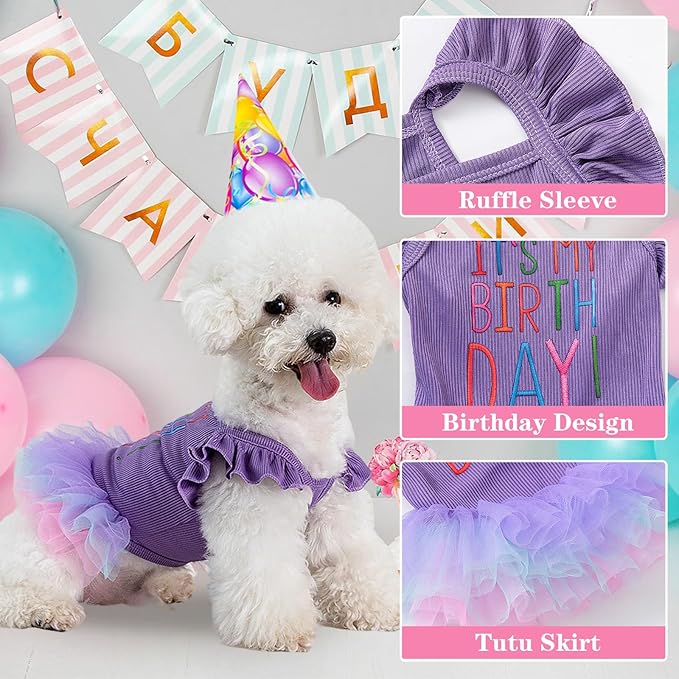 Dog Birthday Dress It's My Birthday Dog Dress Small Doggy Girl's Tutu Dresses Ruffle Sleeless Puppy Clothes Tulle Lace Skirt Pet Costume Cat Outfits (Purple, S(6.5-12lb))