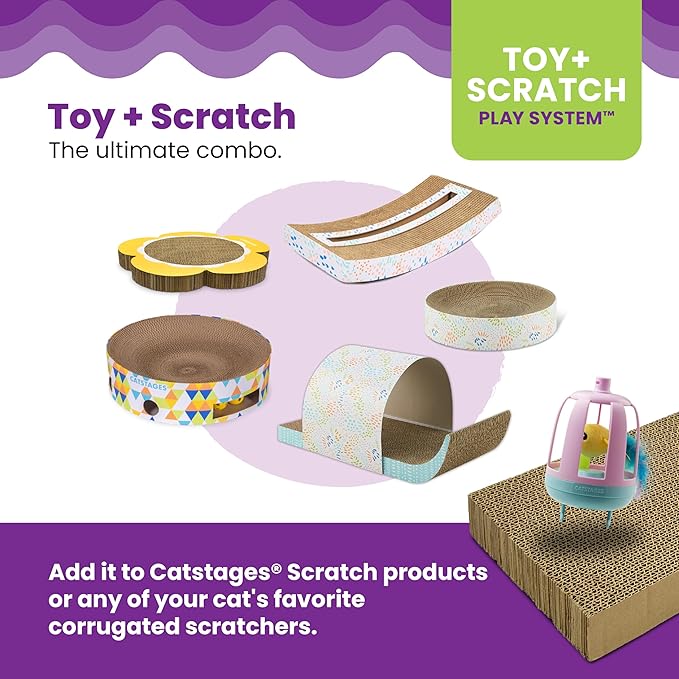 Catstages Two-in-One Chirping Bird Cat Toy with Ball Track for Corrugate Cat Scratcher, Engages Hunting Instincts, Purple