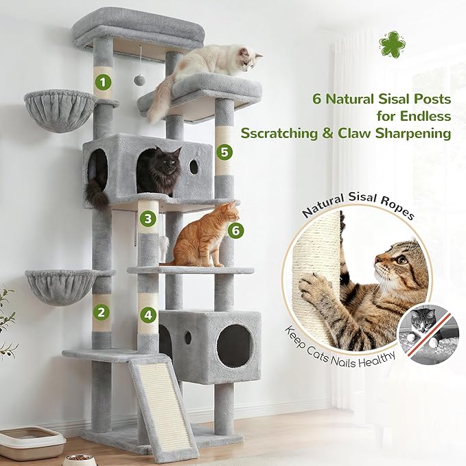 Globlazer 77" Cat Tree for Large Cats, Tall Cat Tower with Scratching Board & Thickened Stable Base, Skin-Friendly Multi-Level Activity Center for Multi-Cat Household, Maine Coon, S77C,Light Grey