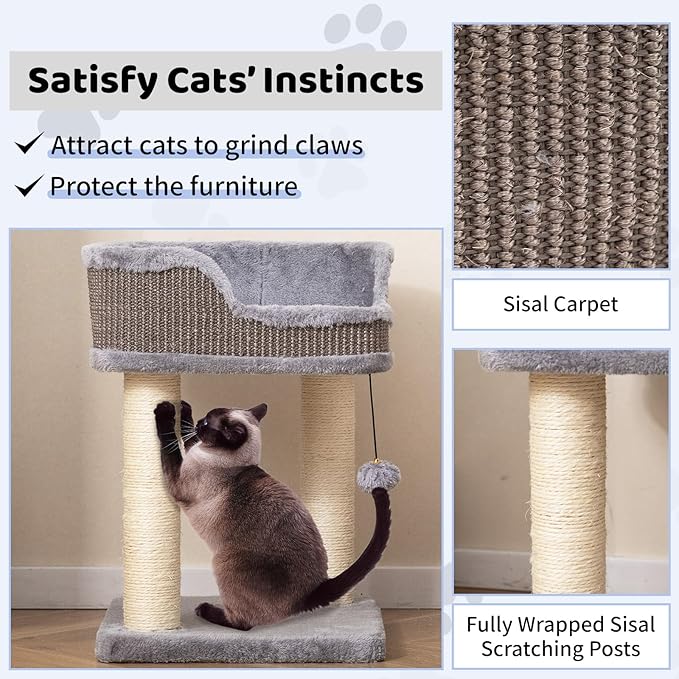 Tangkula Small Cat Tree for Indoor Cats, Modern Carpeted Cat Tower with Soft Plush Perch, Cat Condo Cat Bed with Scratching Posts, Dangling Ball, Cute Cat Activity Tree for Play Rest (Light Gray)