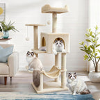 Pawly 46.5" Compact Space Saving Cat Tree for Small Apartment, Premium CARB P2-Compliant Particle Board, 350G Plush Sisal Cat Tower with Condo & Hammock for Indoor Kittens & 1-2 Cats, Beige