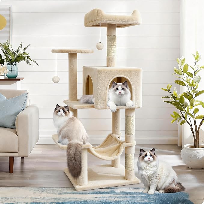 Pawly 46.5" Compact Space Saving Cat Tree for Small Apartment, Premium CARB P2-Compliant Particle Board, 350G Plush Sisal Cat Tower with Condo & Hammock for Indoor Kittens & 1-2 Cats, Beige