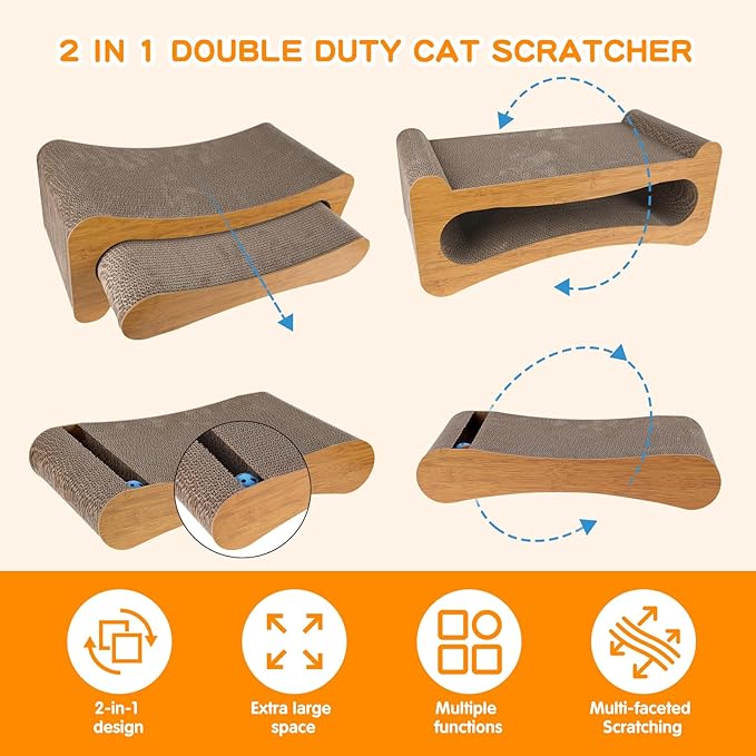 Cat Scratcher 2 in 1,Cardboard Cat Scratcher with Toy Ball,Extra Long & Extra Wide (24x11 inch) Cat Scratcher Bed for Indoor Cats and Furniture Protector,Suitable for Kittens and Big Cats