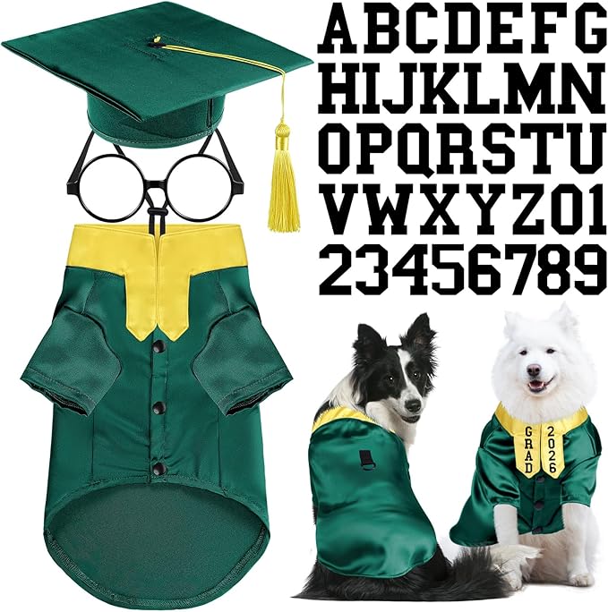 5 Pcs Dog Graduation Costume Set Include 2026 Pet Graduation Gown with Stole Puppy Grad Cap Lensless Glasses DIY Letter Stickers for Dogs Cats Holiday Costume Accessory(Green Yellow,XL)