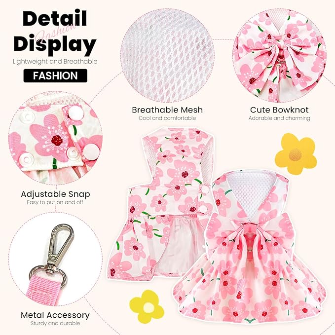 Cute Dog Dress Small Dog Clothes For Girls Female Puppy Outfit Pink Floral Pet Summer Clothes Bowknot Doggy Cat Princess Dress Harness Set for Holiday Birthday Party Costume Clothing (Pink,XXL)