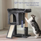 Small Cat Tree Tower for Large Cats with Spacious Top Bed 20x13.8”Private Cat Condo,Sisal Scratching Post and Ramp and Self Groomer and Spring Ball-Dark Grey
