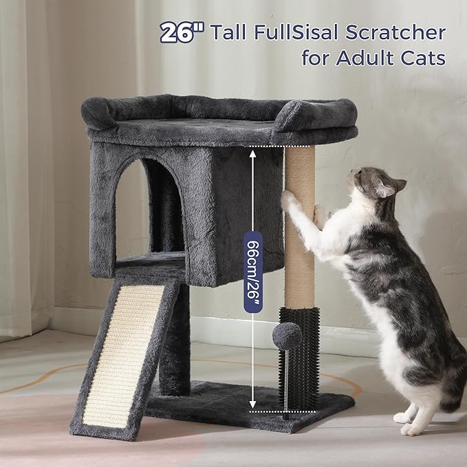 Small Cat Tree Tower for Large Cats with Spacious Top Bed 20x13.8”Private Cat Condo,Sisal Scratching Post and Ramp and Self Groomer and Spring Ball-Dark Grey
