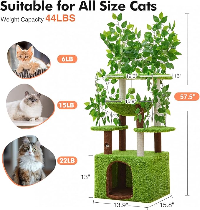 60 inch Cat Tree with Leaves for Climbing, Hiding and Sleeping Cat Tower with Hammock, Scratching Post and Large Cat House