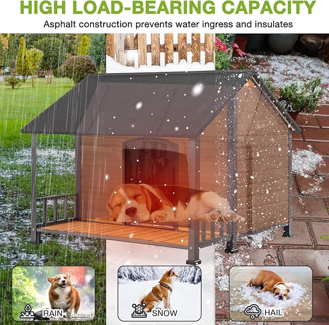 GUTINNEEN Heated Dog House Outdoor for Winter, Extra Large Dog Kennel with Metal Frame for Large Breeds, Insulated Dog Shelter with Heated Pad and Insulated Liner, Waterproof Asphalt Roof, Large Porch