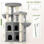 Globlazer Cat Tree Tower for Indoor Cats, Sturdy Adult Cat Tree House for Large Adult Cats with 2 Platform, 6 Cat Scratching Post, 2 Cat Caves, Dangling Toys, S63, 63 inch, Light Grey