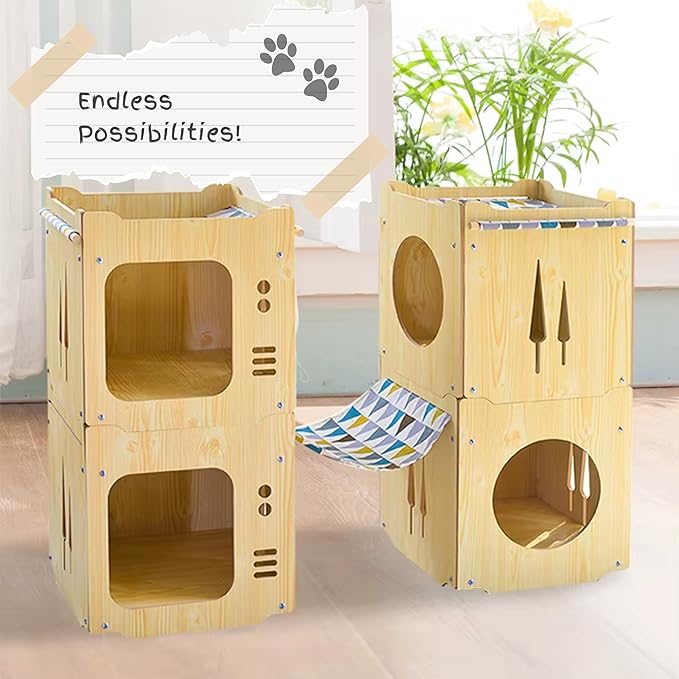 Stackable Cat House for Indoor Cats Bed, Wooden Cat Shelter, Cat Cube, for Cats, Kittens, and Puppies, 15x15x15 inches, Hammock & Pillow Included, Cat Tower, Modern Design, Black