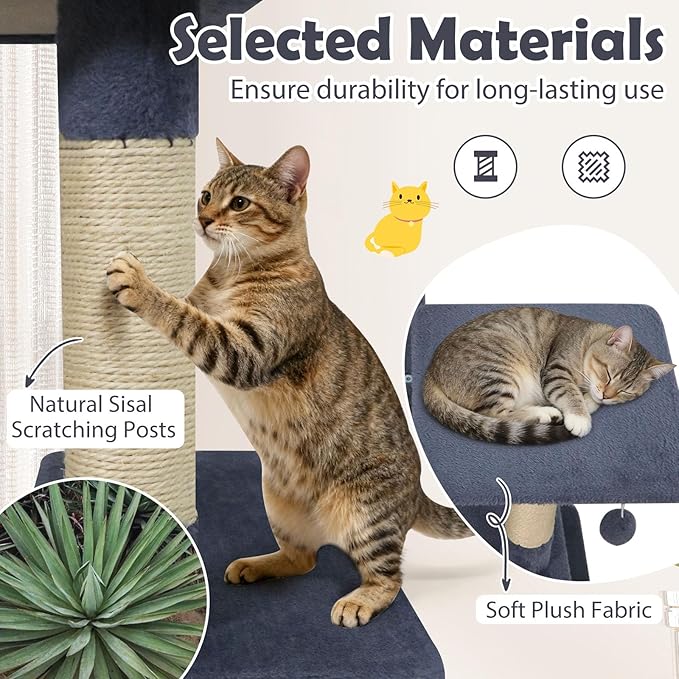 Tangkula 58 Inch Cat Tree Tower, Multi-Level Cat Tower with Sisal Scratching Posts, Padded Top Perch, Condo & Hammock, 3 Hanging Balls, Jumping Platforms for Indoor Cats (Gray)