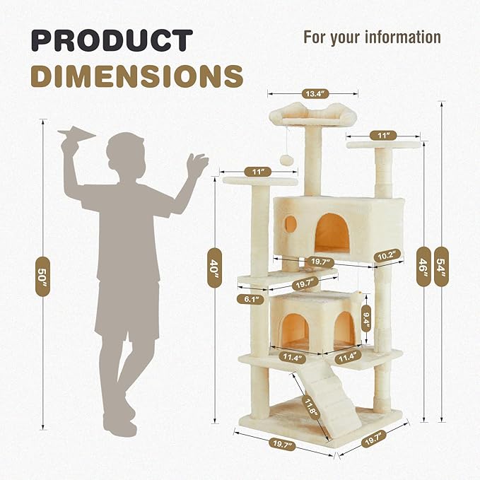 Cat Tree 54 Inch, Multi-Level Cat Tower with Condo, Perches, Sisal Scratching Posts and Climbing Ladder, Pet Play Toy Balls House for Indoor Cats