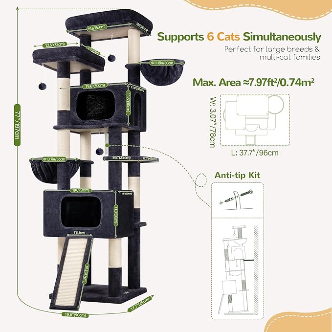 Globlazer 77" Cat Tree for 4+ Large Cats, Multi-Level Cat Tower with 2 Condos, Hammocks & Scratching Board, Stable Reinforced Base, Skin-Friendly Plush, S77E, Dark Grey