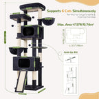 Globlazer 77" Cat Tree for 4+ Large Cats, Multi-Level Cat Tower with 2 Condos, Hammocks & Scratching Board, Stable Reinforced Base, Skin-Friendly Plush, S77E, Dark Grey