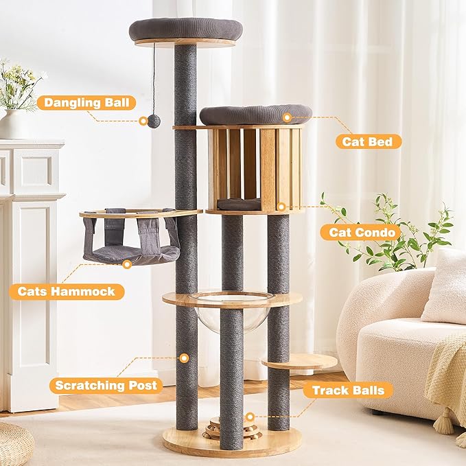 HITTITE Solid Wood Cat Tree Tower with Scratching Post, 61 Inches Tall Cat Towers with Capsule and Condo, Modern Cat Tower with Hammock and Removable Top Bed for Indoor Cats.Grey