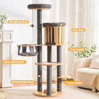 HITTITE Solid Wood Cat Tree Tower with Scratching Post, 61 Inches Tall Cat Towers with Capsule and Condo, Modern Cat Tower with Hammock and Removable Top Bed for Indoor Cats.Grey
