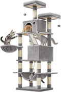 Feandrea Cat Tree, 66.1-Inch Large Cat Tower, Multi-Level Plush Condo with 13 Scratching Posts, 2 Perches, 2 Caves, Basket, Hammock, Pompoms, Light Gray UPCT165W01