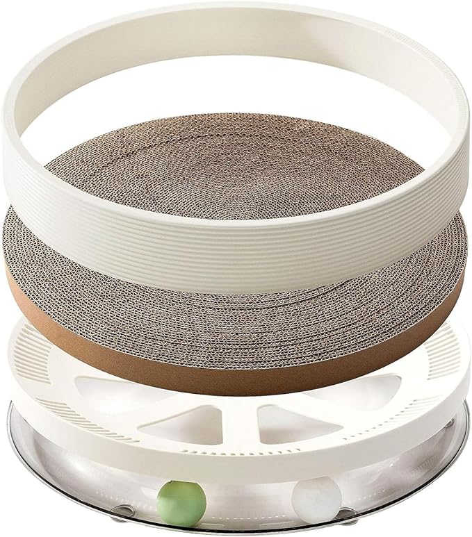 3-in-1 Cat Scratcher Toy with Track Ball, Round Cardboard Cat Scratcher Lounge & Bed, Interactive Cat Toy for Indoor Cats, Durable Scratching Pad with 2 Spinning Balls