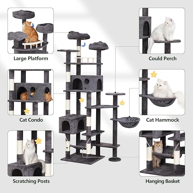 79in Giant Cat Tree for Heavy Duty Big Cats, Large Cat Trees with Scratching Post, Cat Tree Tower with Cat Condos, Hammock & Plush Perch for Maine Coon, Smoky Gray