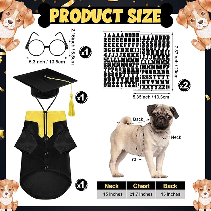5 Pcs Dog Graduation Costume Set Include 2026 Pet Graduation Gown with Stole Puppy Grad Cap Lensless Glasses DIY Letter Stickers for Dogs Cats Holiday Costume Accessory(Black Yellow,M)