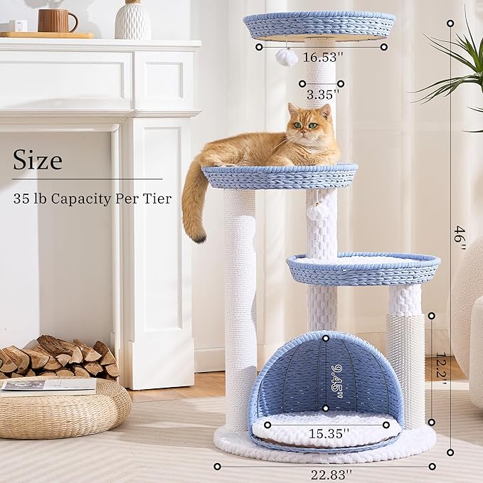 Wood Modern Cat Tree for Large Cat, 46" Tall Cat Tower with Scratching Posts, Cat Condo, Aesthetic Multi-Level Cat Climbing Tree with Hand-Woven Bed for Adult Indoor Cats-Blue