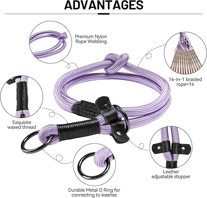 Slip Dog Collar, Nylon Rope Dog Choker Collars with Adjustable Stopper, Heavy Duty Collar for Medium Dog Training (Purple)