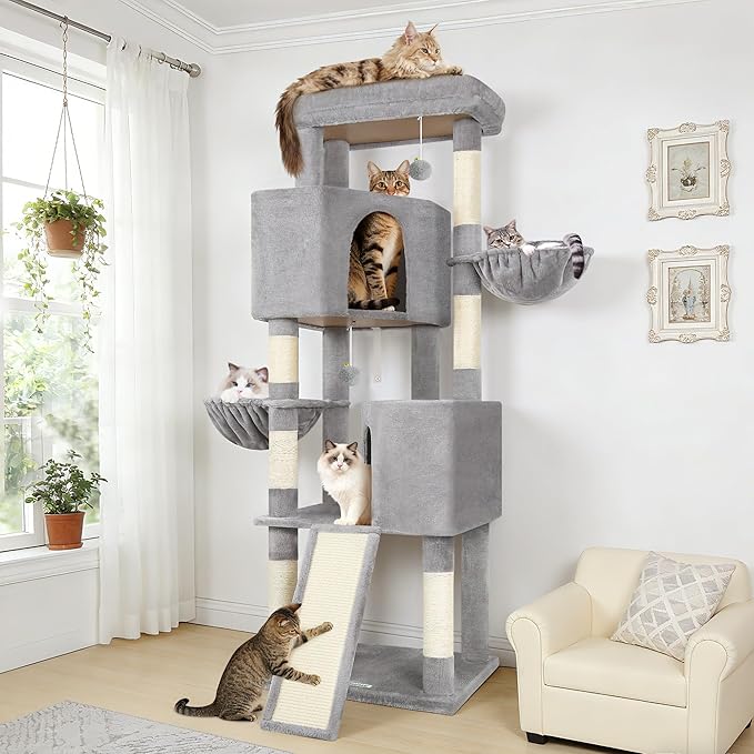 Globlazer Sturdy Cat Tree, 69-inch Large Cat Tower for Indoor Adult Cats 20 lbs Heavy Duty Cat Tree for Big Cats with Large Platform, 6 Scratching Post,Sisal Scratching Board, S69B, Light Gray