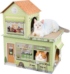 Cardboard Cat Houses for Indoor Cats - Kitten Scratcher Houses & Condos, Cafe Themed Hut Hideout Play House Bed with Scratching Pads, Scratch Box for Large Kitty Rabbit Bunny Small Animals