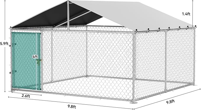 DWVO Outdoor Dog Enclosure with Roof, 10'x10' Dog Kennel Outside with Metal Gate, Dog House Large Dogs for Yard