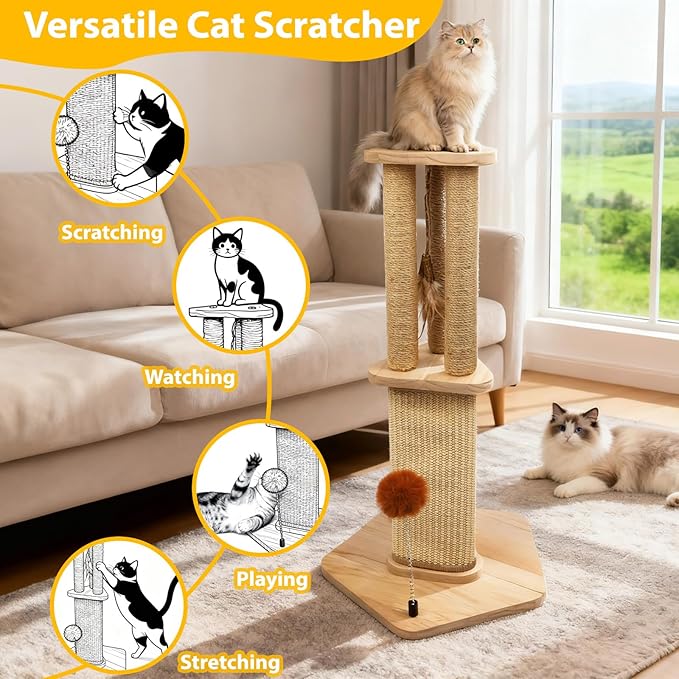 Sisal Cat Scratcher with Perch,26.5inch Wooden Cat Scratch Post,3 in 1 Scratching Cat Platform with Sisal Pad and Interactive Toy for Indoor Cats Use,Easy Assemble