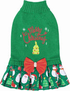 CuteBone Christmas Green Dog Sweater Dress Turtleneck Puppy Sweater with Bowtie Leash Hole Pullover Winter Dress for Small Dogs