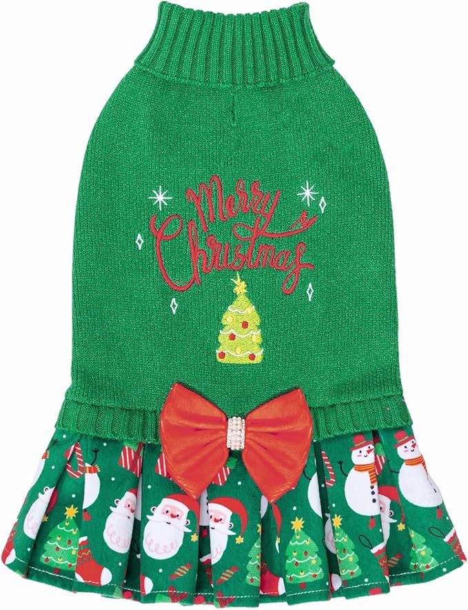 CuteBone Christmas Green Dog Sweater Dress Turtleneck Puppy Sweater with Bowtie Harness Hole Pullover Winter Dress for Medium Large Dogs