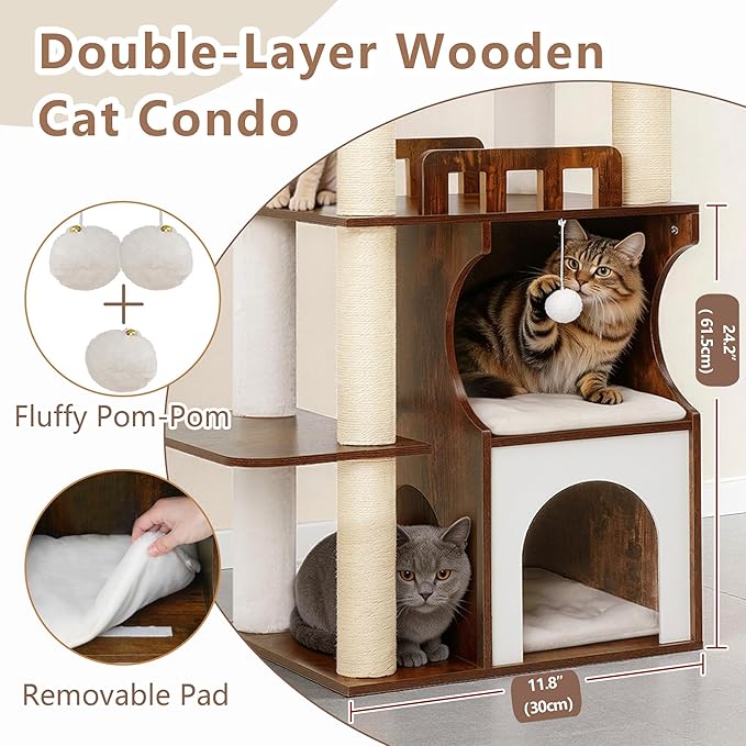 Cat Tree, 70.9 Inch Wood Cat Tower for Large Cats Adult, Modern Cat Furniture with Double-Layer Wooden Cat Condo, 2 Platforms, Large Hammock and Scratching Posts, Rustic Brown GCT102SR