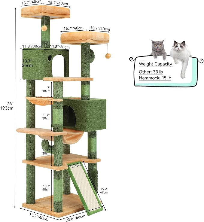 YITAHOME 193 cm Tall Cactus Cat Tower for Large Cats,76 inch Heavy Duty Cat Tree for Indoor Large Adult Big Cats Maine Coon Cat Tree Tower with Scratching Post, Hammock, Cat Condo, Cactus Green