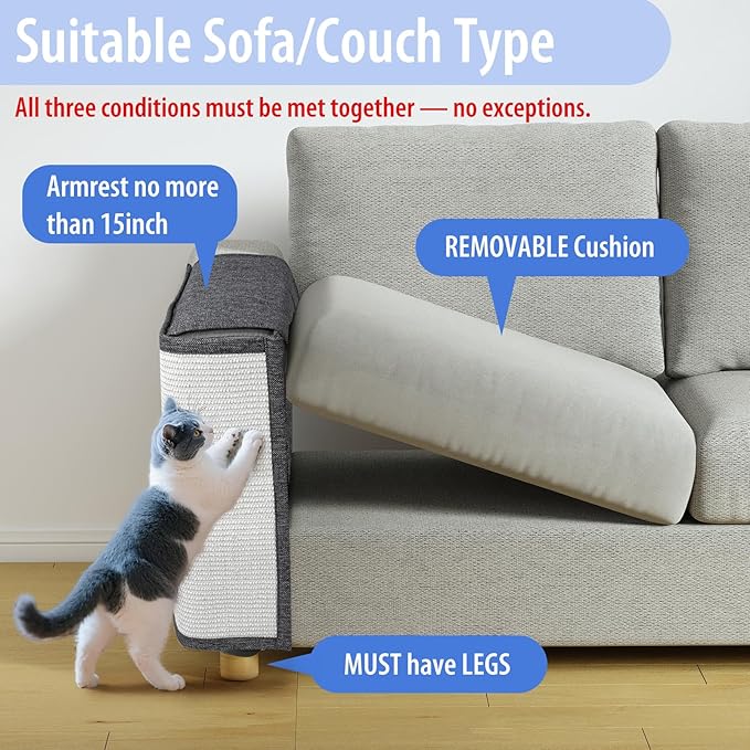 OROONOKO 1 Pack Reversible Cat Scratch Sofa Protector Natural Sisal for Furniture Protection, Universal Fit Both Sides, Protects Couches from Cat Claws & Scratching Uni-Handed (Grey)