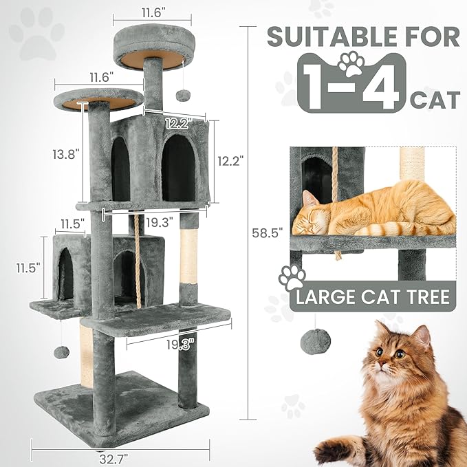 58.5inch Large Cat Tree Tower Condo for Indoor Cats, Soft Plush Multi-Level Climbing Tree Cat House with Cat Cave, Scratching Post, More Entrance/Exit, Sisal Rope, Grey