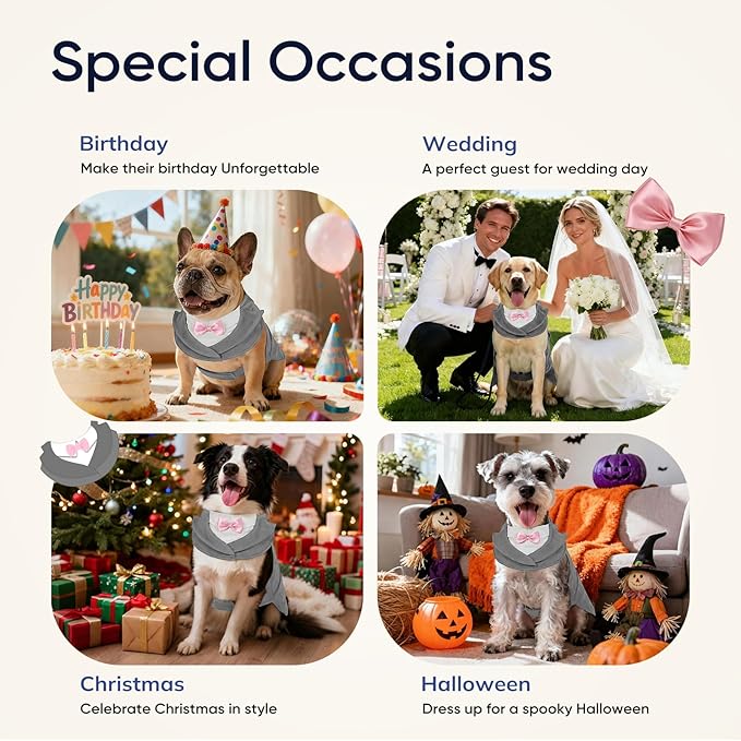 Supet Dog Tuxedo and Bandana Set with Bow Tie, Formal Outfit for Wedding Birthday Party Graduation Valentines, Pet Suit Clothes for Large Medium Small Dogs (Grey, M)