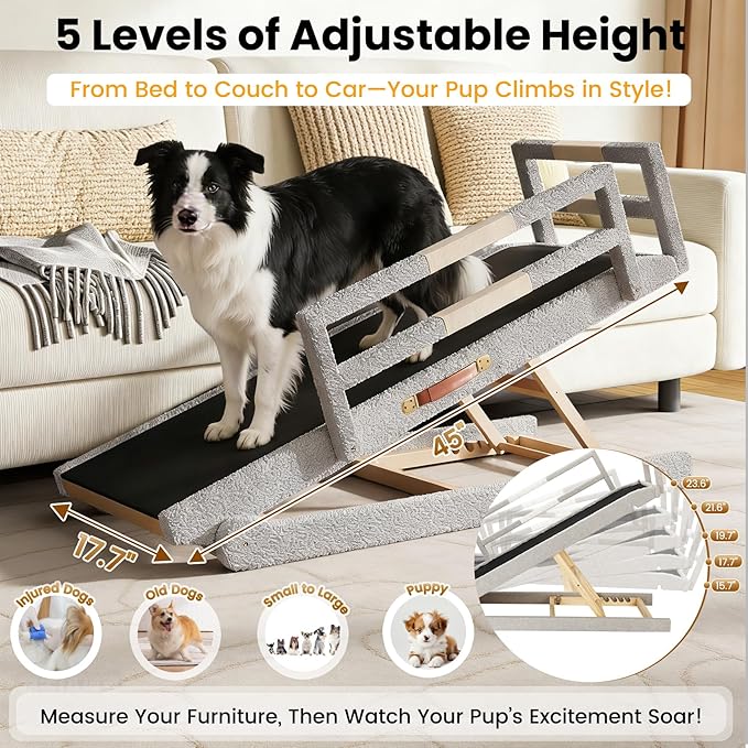 Dog Ramp for Bed, 5 Adjustable Height Wooden Ramp for Dogs from 16"–24", 17" Wide Pet Ramps for Dogs to Get on High Bed/Couch/Car with Soft Padding & Anti-Slip Grip, Up to 250LBS for Small/Large Dog