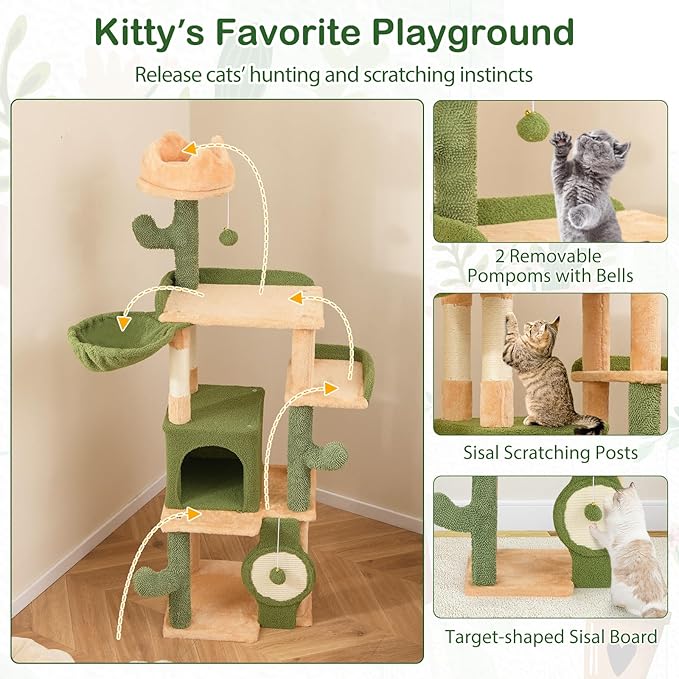 Tangkula Cactus Cat Tree, 63 Inch Multi-Level Tall Cat Tower with Sisal Scratching Posts & Board, Condo, Padded Perch, Hanging Toys, Basket Bed, Platforms, Green Cute Cat Tree for Indoor Cats