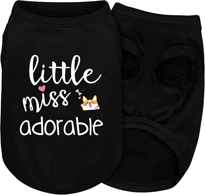 Cotton Dog Shirt with 'Little Miss Adorable' Corgi Head Print, Soft & Breathable Pet Apparel for Small, Medium, and Large Dogs, All-Season Sleeveless Vest, Cute and Comfortable Dog Outfit.Black S