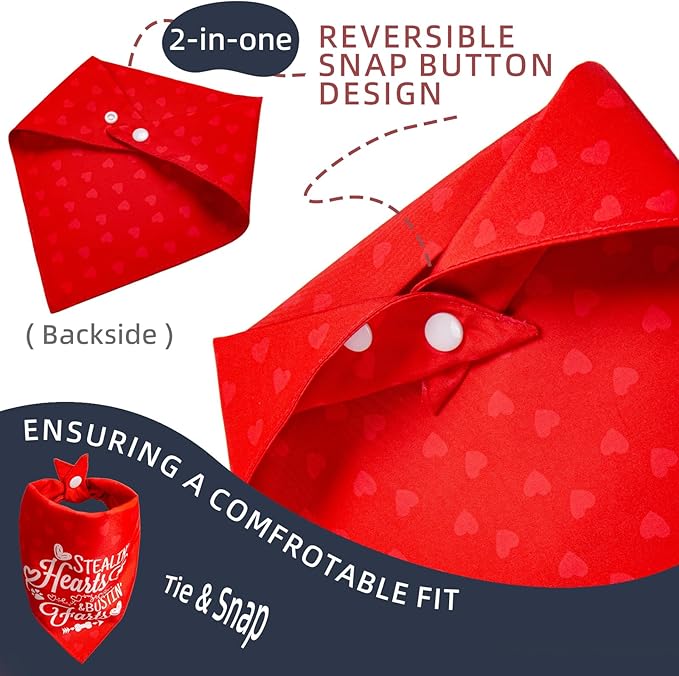 Valentine's Day Dog Bandanas - Reversible Cute Lettering & Heart Pattern 2-in-1 Valentine Holiday Costume Pet Scarf, 1pack Snap Button Bandana for Small & Medium Breed (5-30lbs)