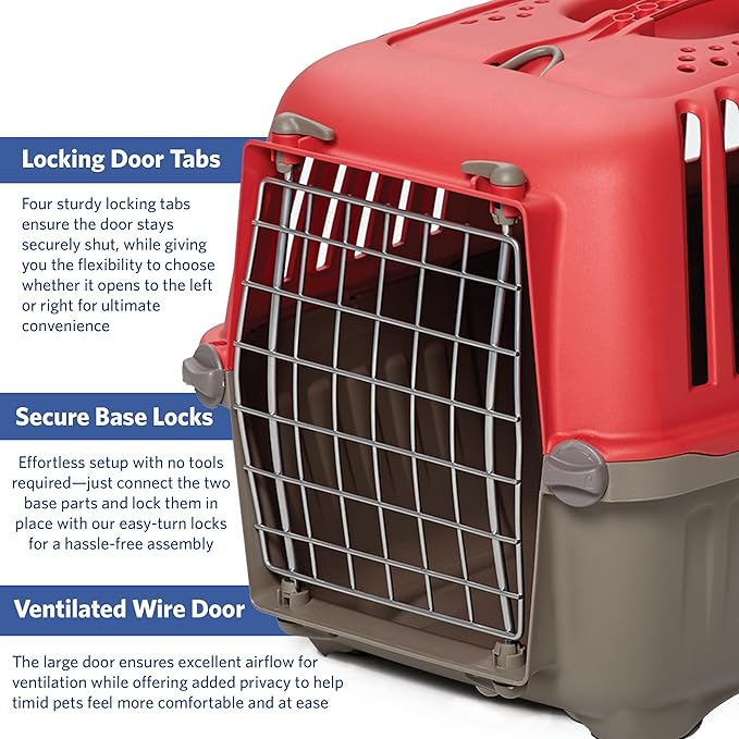 MidWest Homes for Pets Spree Travel Carrier – Hard-Sided Dog & Cat Carrier, Small Pet Travel Crate with Handle, Ventilated Design, Easy Assembly, 19-Inch, Red