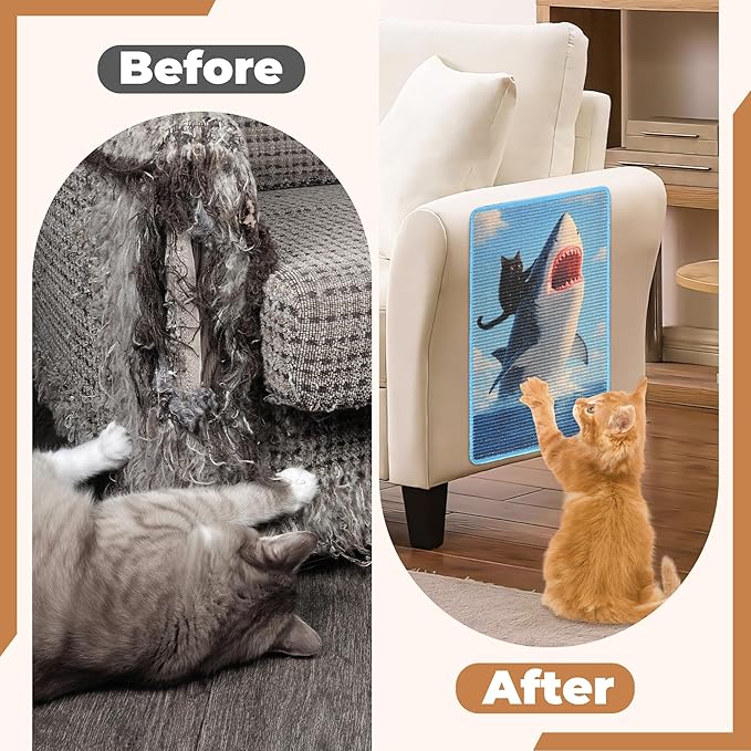 Sisal Cat Scratcher Mat, Cat Wall Scratcher for Indoor Cats, 23.6x15.7 Inch Cat Scratch Pad with Hook & Loop, Wall Mounted Cat Scratching Post to Protect Couch and Carpet（Shark）
